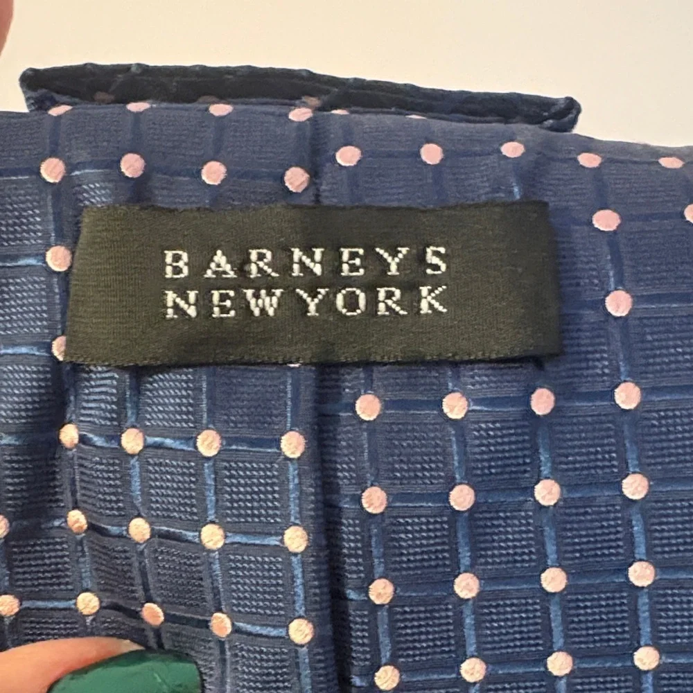 Barneys New York Blue With Pink Polka Dot Windowpane Design Silk Necktie Tie